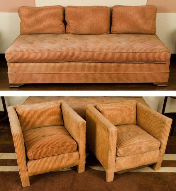 Suite Art Deco period upholstered seat furniture: Suite Art Deco period upholstered seat furniture, First half 20th Century, (3) pieces, comprising: (1) armless sofa and (2) club chairs, sofa: 19"h x 74"l x 31"d (excluding loose back cushions), chair