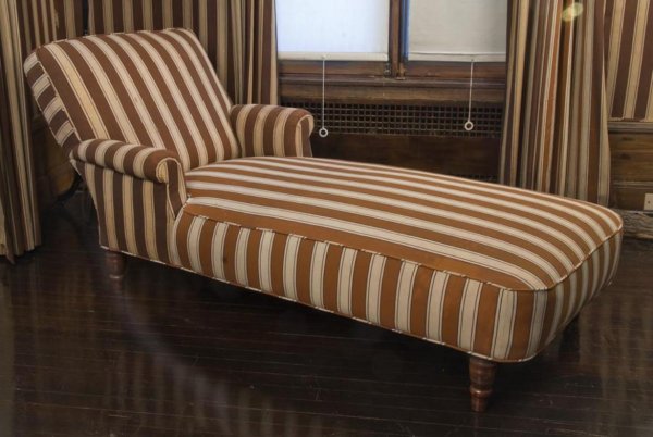 Late Victorian upholstered chaise longue: Late Victorian upholstered chaise longue, 19th/20th Century, covered in brown and cream stripes to match the bedroom walls, 31"h x 68"l x 34"w Provenance: The Doris Duke Charitable Foundation