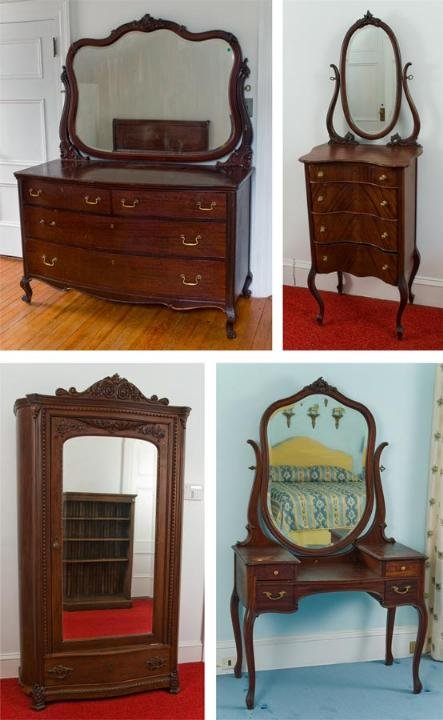 Assembled mahogany bedroom suite attributed to R.J: Assembled mahogany bedroom suite attributed to R.J. Horner, 19th/20th Century, including: (1) mahogany vanity chest with 4 drawers; (1) mahogany dresser and mirror by Geo. Flint & Co.; (1) mahogany va
