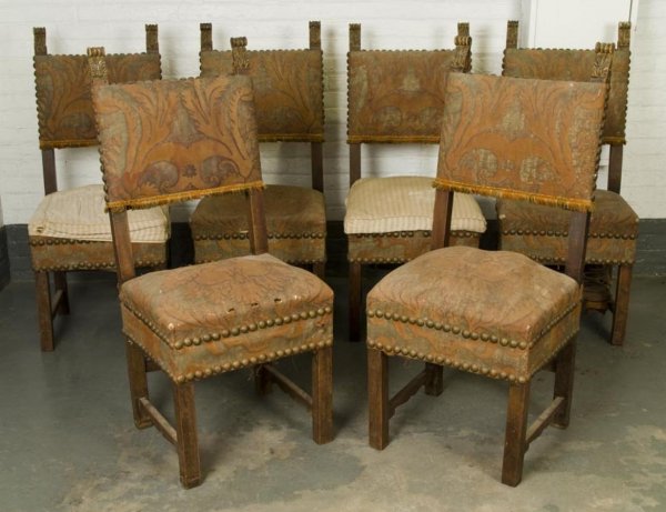 Set (6) Renaissance style parcel gilt walnut side : Set (6) Renaissance style parcel gilt walnut side chairs, Late 19th Century, with foliate scroll finials and upholstery closed with large brass tacks, 45"h x 19"w x 17"d Provenance: The Doris Duke Cha