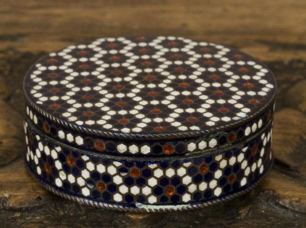 Antique Russian silver enameled snuff box by Gusta: Antique Russian silver enameled snuff box by Gustav Klingert, Late 19th Century, Moscow, circular in shape with red, white and blue mosaic design, marked "84-PB-1892-GK", 0.75"h x 2"dia., approx. 1.65