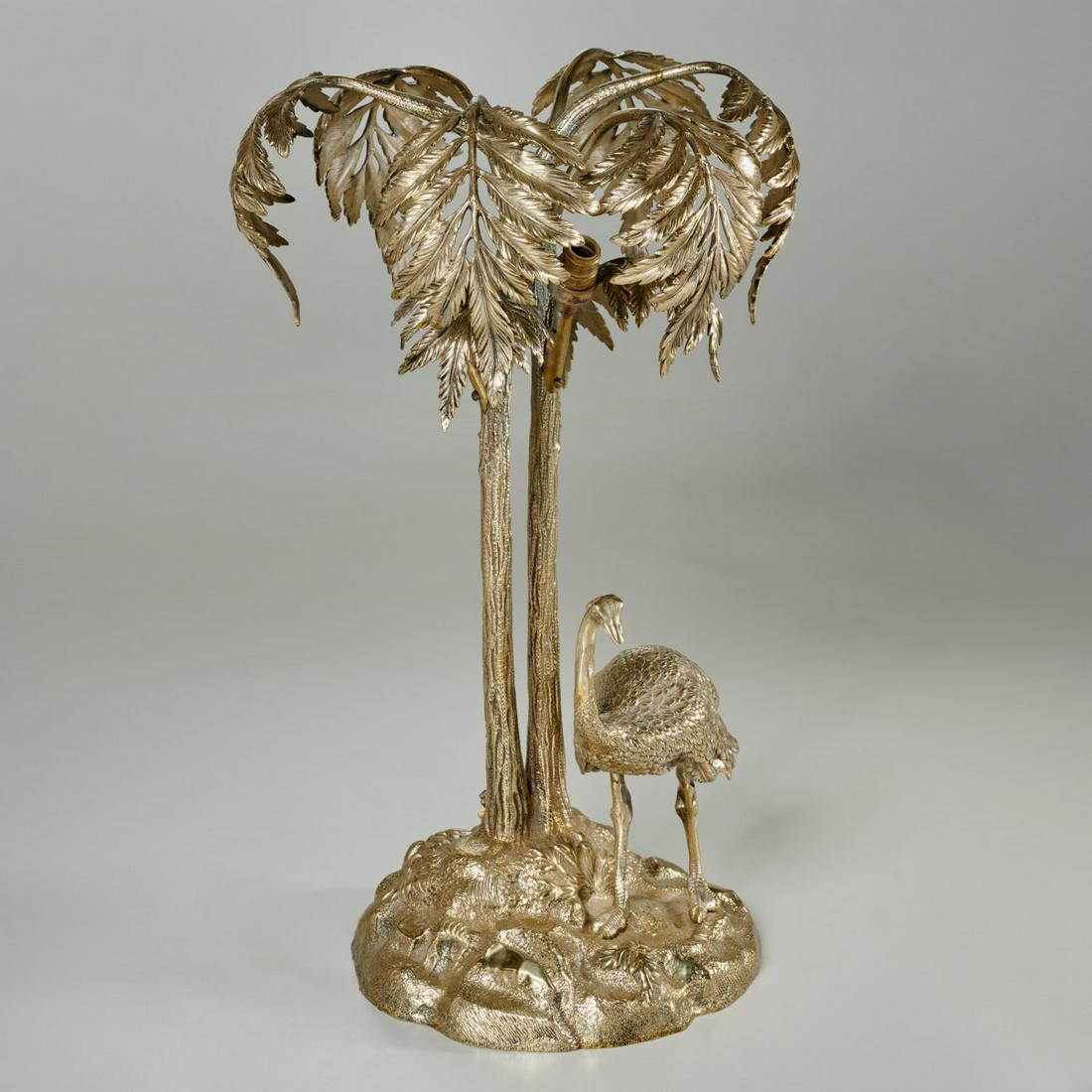 Elkington style silvered metal palm tree lamp: Elkington style silvered metal palm tree lamp, 20th c., (2) light, silvered metal ostrich under palm trees, unmarked, 18.5"h x 11"w (total)