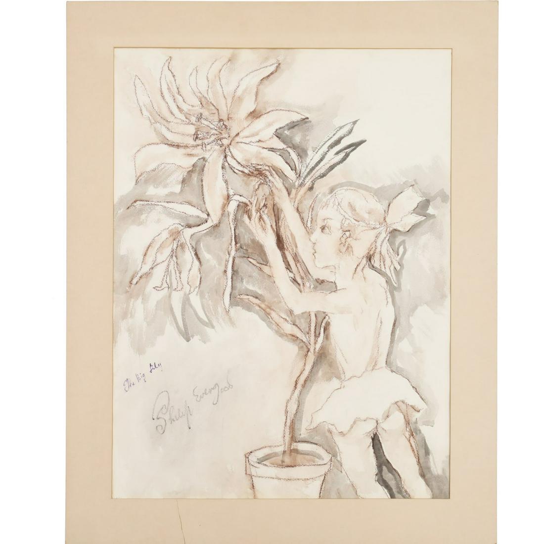 Philip Evergood, large drawing: Philip Evergood, large drawing, Philip Howard Francis Evergood (American, 1901-1973), "The Big Lily", crayon and wash on heavy Arches paper, titled and signed lower left, 30"h x 22.5"w (sheet), 35.5"h