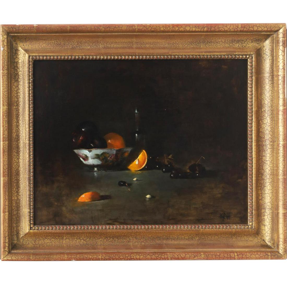 Katherine Ann Hartley, Still Life painting: Katherine Ann Hartley, Still Life painting, Katherine Ann Hartley (American, b. 1959), Fruit with bowl and bottle, 1995, oil on wood panel, initialed "KAH" lower right, marked "AH 1/95" on verso, 15.2