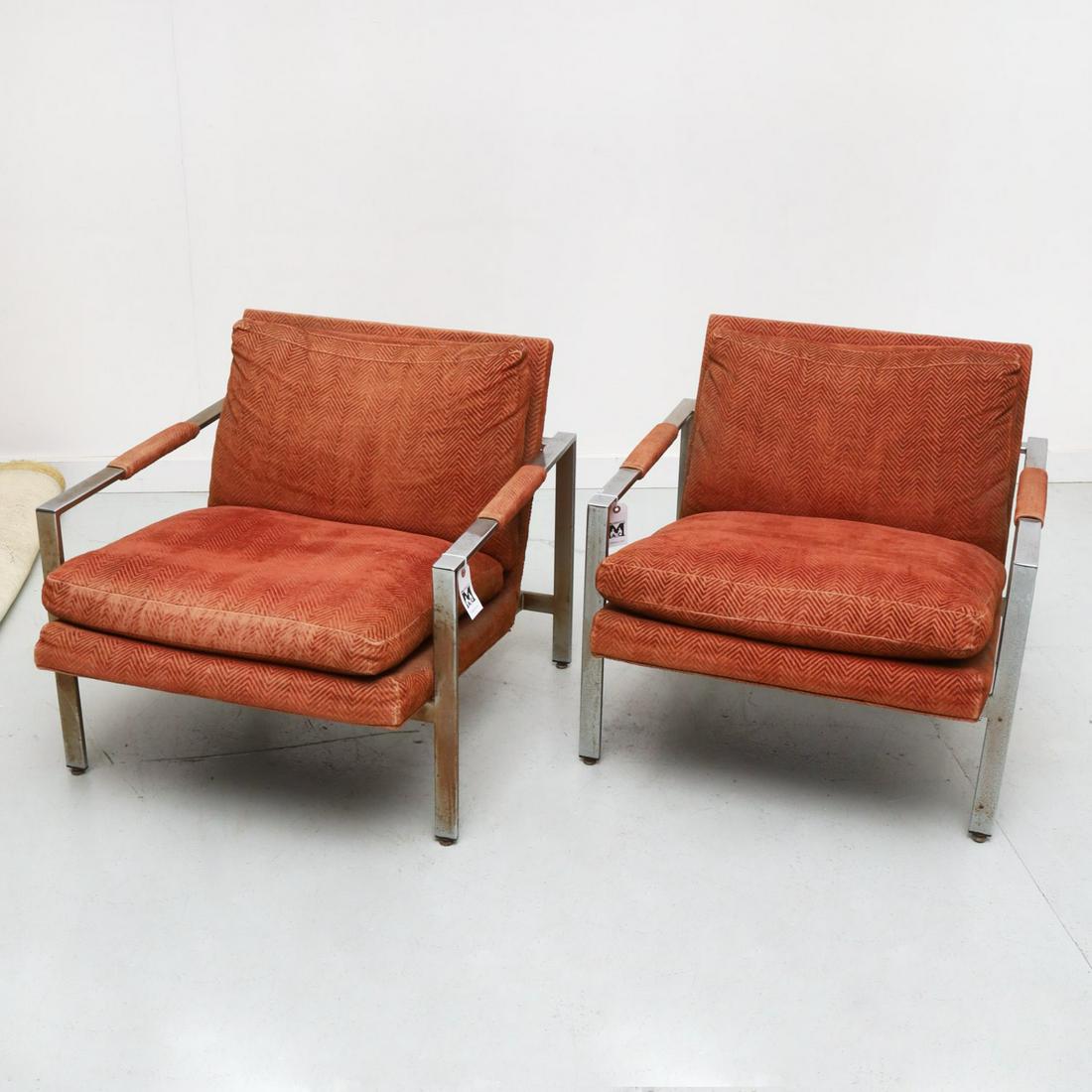 Milo Baughman, pair chrome lounge chairs: Milo Baughman, pair chrome lounge chairs, c. 1970s, American, for Thayer Coggin, chromed metal frame supporting upholstered seat, unmarked, 26"h x 28.5"w x 31"d Provenance: Property from the Collectio