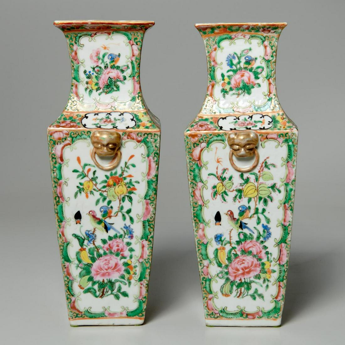 Pair Chinese porcelain vases, ex Parke-Bernet: Pair Chinese porcelain vases, ex Parke-Bernet, Qing Dynasty, pair squared Rose Medallion vases, featuring enameled figural scene panels, mounted with gilt double foo dog ring handles, Parke-Bernet Gal