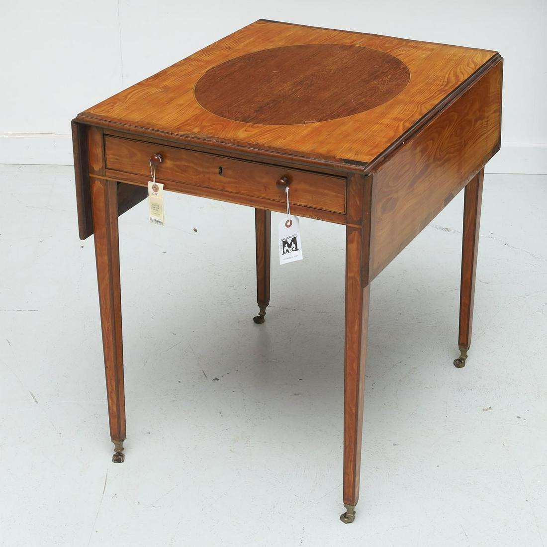 George III Pembroke table c. 1790: George III Pembroke table c. 1790, c. 1790, English, amaranth-inlaid satinwood Pembroke table, on tapered legs, ending on casters, 28"h x 28"w x 22"d Provenance: Christie's sale Oct 24, 2013