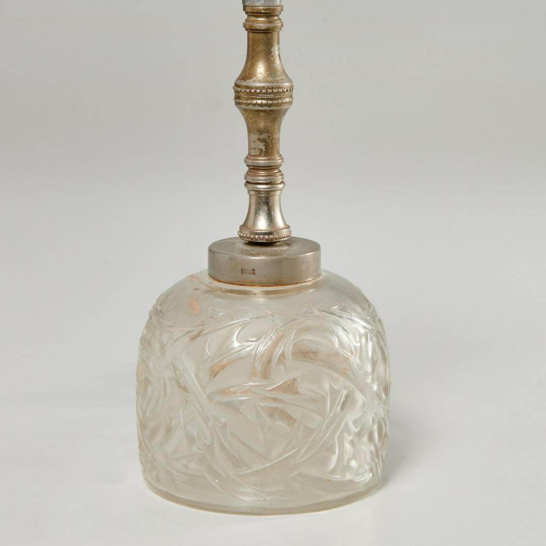 R. Lalique "Ronces" crystal budoir lamp: R. Lalique "Ronces" crystal budoir lamp, 20th c., crystal bottle vase, mounted as lamp, etched signature "R. Lalique, France, no. 651" to underside, silvered metal mount stamped "Made in France, 10"h