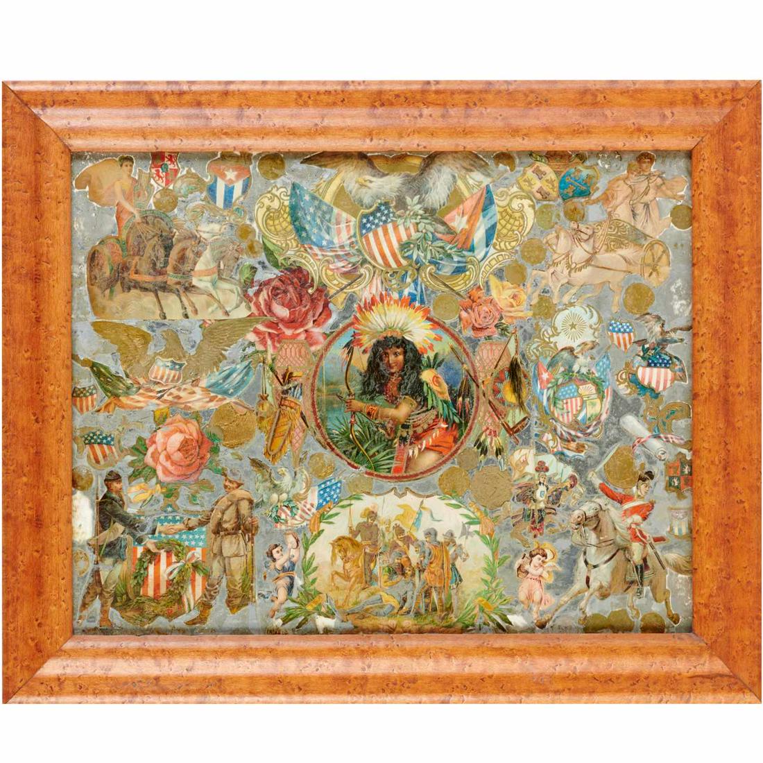 American decalomania Folk Art collage: American decalomania Folk Art collage, 19th c., chromolithographs, coins or tokens and foil (or silver paint or solder) on reverse side of glass, no signature observed, 10.5"h x 13,5"w (sight), 13.5"h