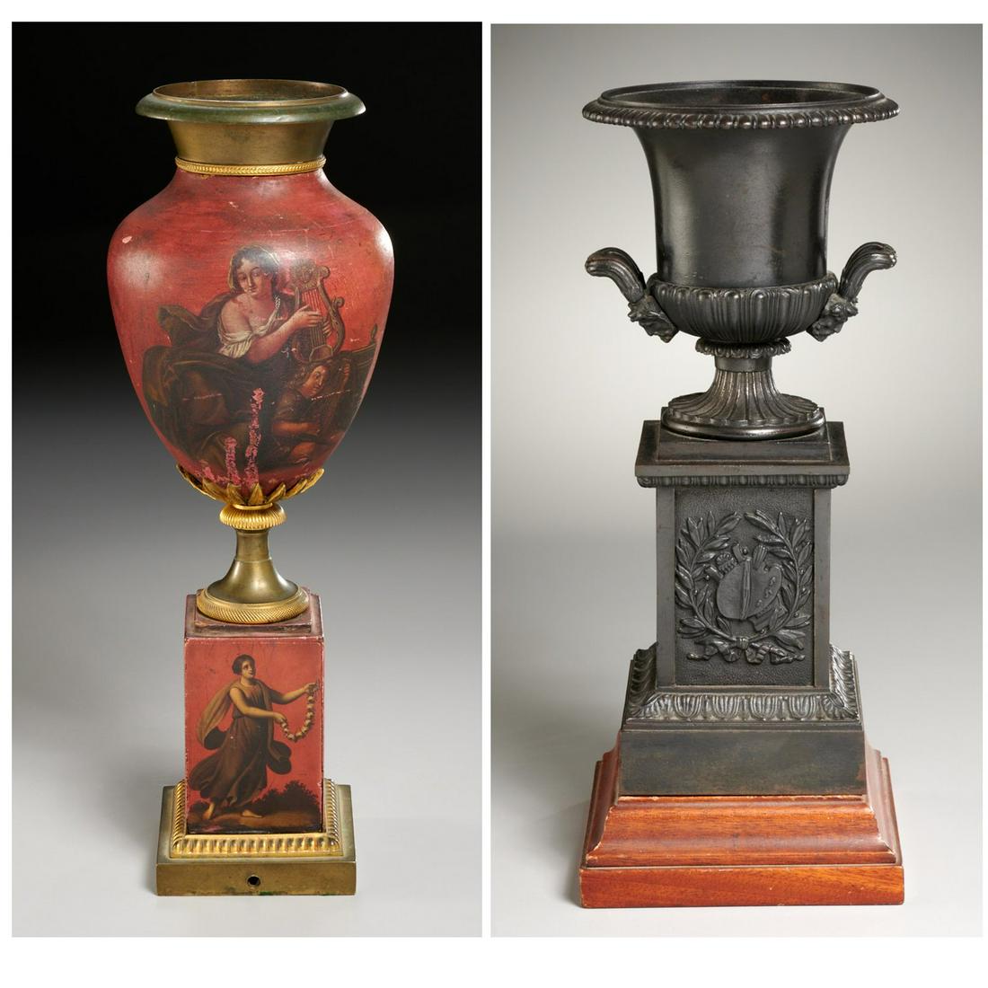 Continental Neo-Classical and empire style urns: Continental Neo-Classical and empire style urns, 19th/20th c., incl. an antique Continental red lacquered urn with figural decoration, unmarked, and an empire style iron campana urn lamp base marked "
