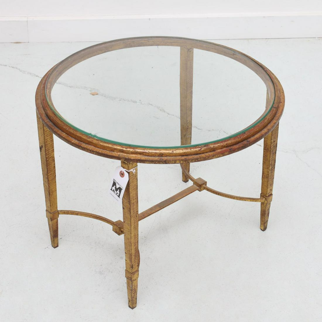 Vintage Maison Ramsay style occasional table: Vintage Maison Ramsay style occasional table, 20th c., gilt iron frame with inset glass top, unmarked, 17.5"h x 22"dia.
