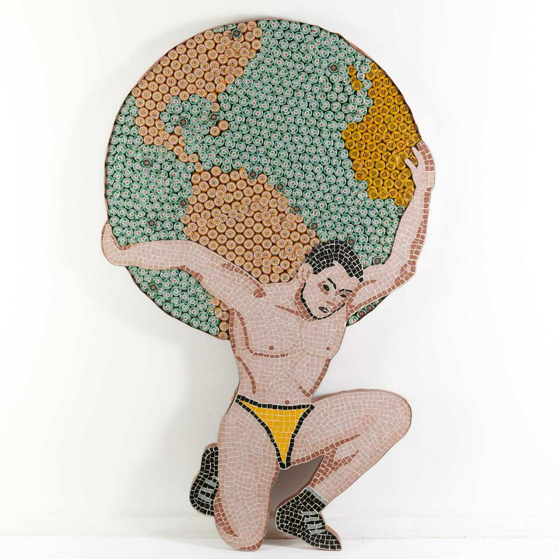 John Unger, large bottlecap and tile mosaic: John Unger, large bottlecap and tile mosaic, John T. Unger (American, 20th/21st c.), "Atlas", 2004, vitreous glass tile, bottle caps, copper, hardibacker substrate over plywood, signed and dated on ve