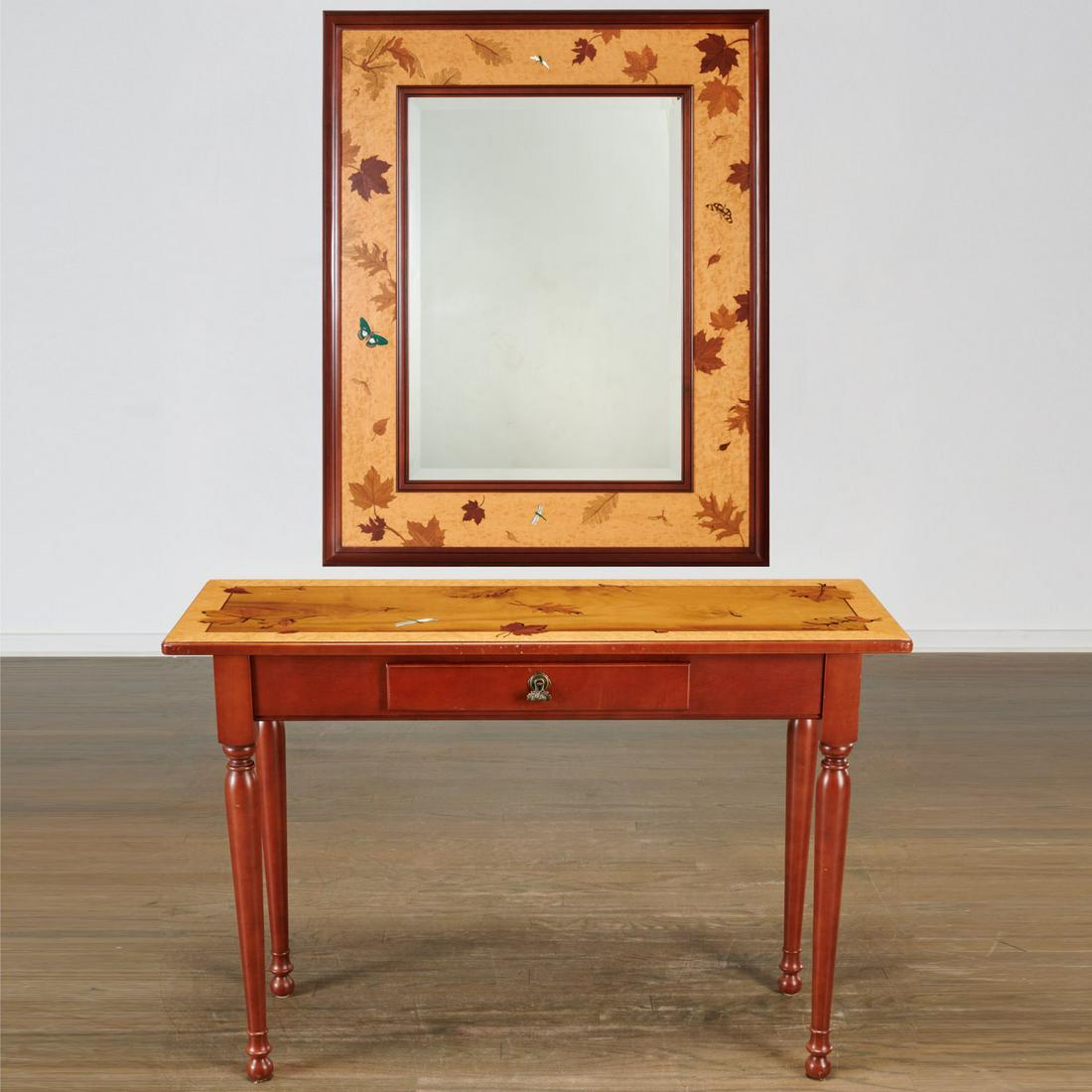 Emile Galle style wood inlaid console/mirror: Emile Galle style wood inlaid console/mirror, Late 20th c., cherrywood, birch and burl maple table and mirror frame, each marquetry inlaid with mixed wood and mother-of-pearl leaves and insects, in th