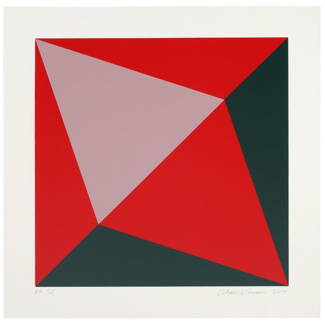 Charles Hinman, silkscreen print: Charles Hinman, silkscreen print, Charles Hinman (American, b. 1932), "Lavender Triangle", 2014, silkscreen on 2-ply museum board, signed lower right, numbered printer's proof (PP 5/5), loose and unfr