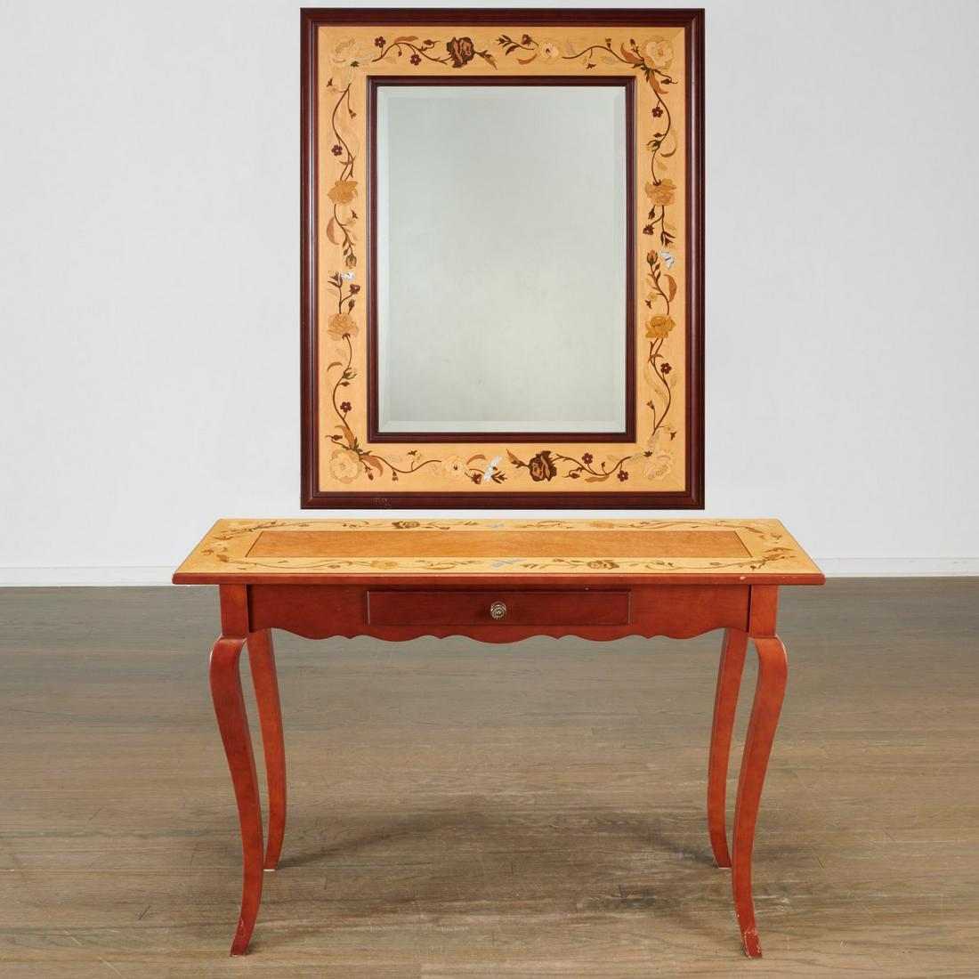 Emile Galle style wood inlaid console/mirror: Emile Galle style wood inlaid console/mirror, Late 20th c., cherrywood, birch and burl maple table and mirror frame, each marquetry inlaid with mixed wood and mother-of-pearl roses and insects, in the