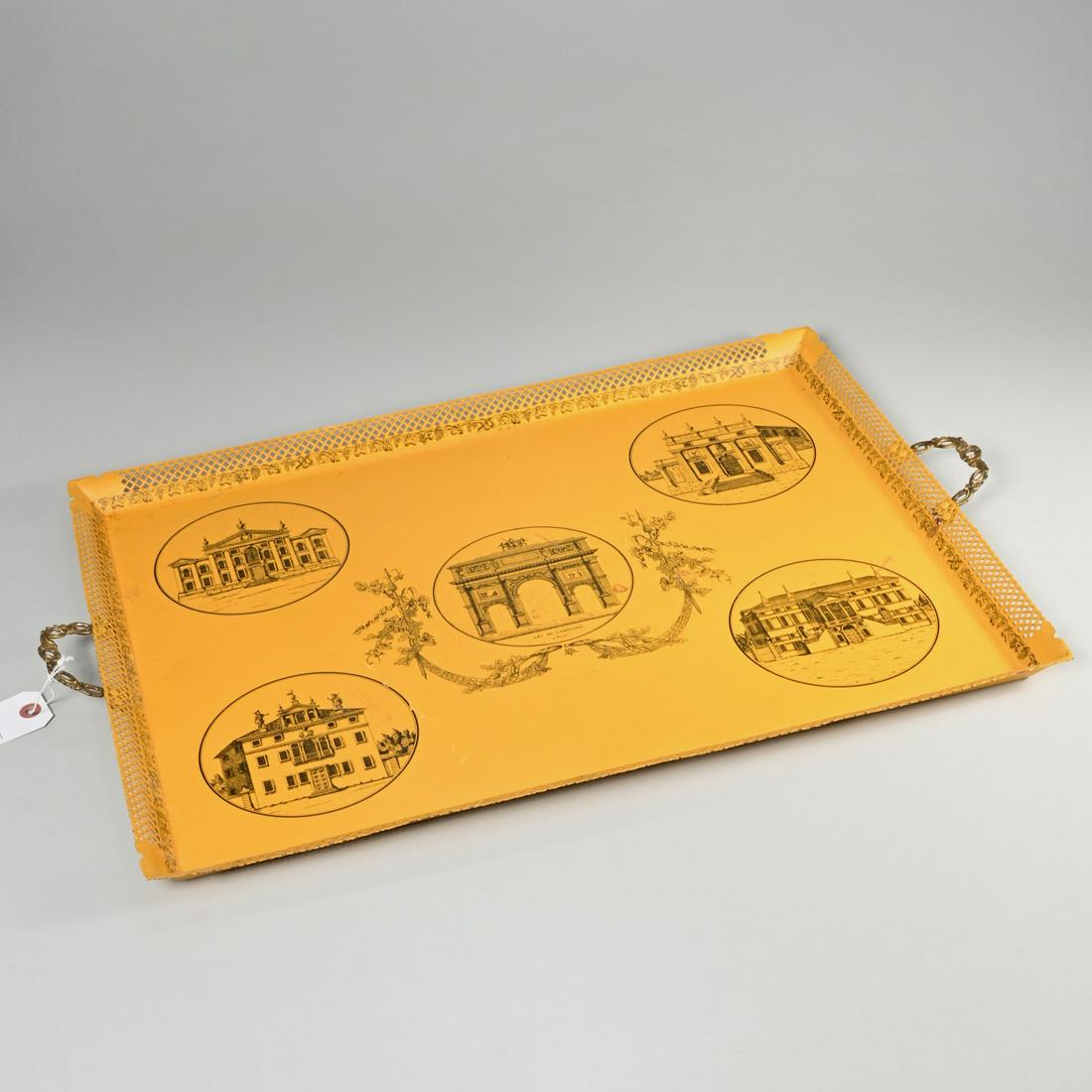 Mottahedeh Italian tole serving tray: Mottahedeh Italian tole serving tray, 20th c., pierced mustard yellow tole tray, featuring sites of Paris, marked "Made in Italy" and with "Mottahedeh" sticker verso, 26.5"l x 18.25"w