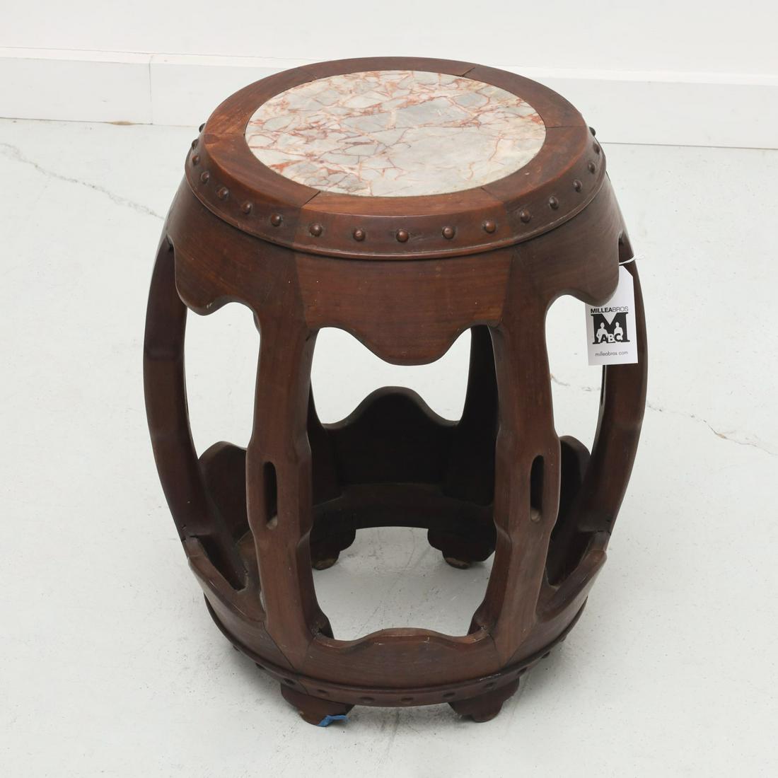 Antique Chinese marble inset barrel stool: Antique Chinese marble inset barrel stool, 19th/20th c., signed in calligraphy to underside of marble, 20.5"h x 15"w Provenance: Property from a Prominent Oyster Bay, New York Family
