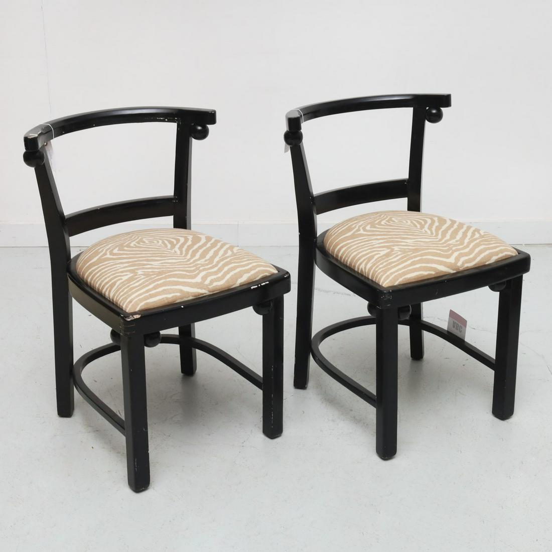 Josef Hoffmann (style), pair side chairs: Josef Hoffmann (style), pair side chairs, 20th c., after the Fledermaus chair made by J & J Kohn, black painted bentwood with sphere details, upholstered seat, unmarked, 29"h x 18w x 17"d