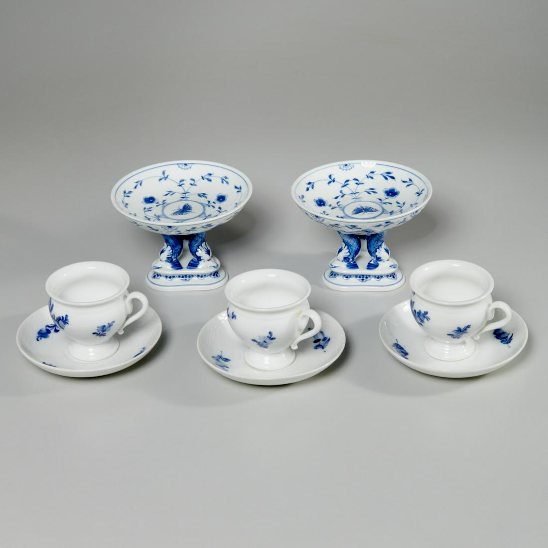 Royal Copenhagen cups & saucers, B & G compotes: Royal Copenhagen cups & saucers, B & G compotes, 20th c., Danish, blue and white porcelain, incl. a pair of B & G dolphin footed compotes, with (3) cups and (3) saucers by Royal Copenhagan, each with 