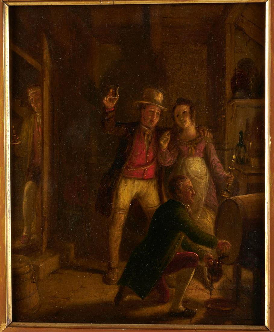 English School, genre painting: English School, genre painting, English School (18th/19th c.), Tapping the Keg, oil on wood panel, no signature observed, 10.25"h x 8"w (sight), 17"h x 15"w (frame)