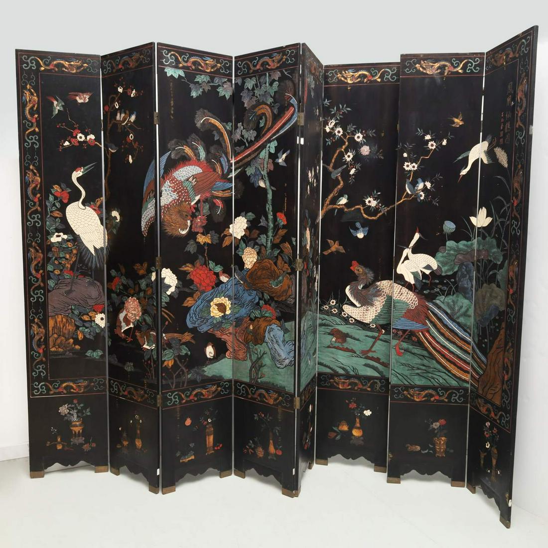 Chinese eight-panel lacquered screen: Chinese eight-panel lacquered screen, 20th c., carved polychrome bird and floral decoration, each panel: 96"h x 17.5"w