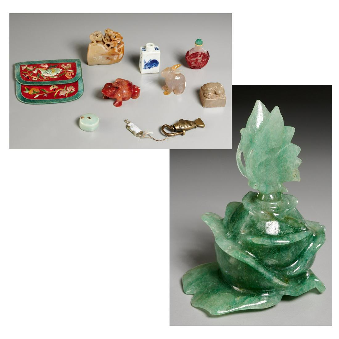 Chinese & Japanese objects group: Chinese & Japanese objects group, 19th/20th c., (10) pieces comprised of two snuff bottles, three carved stone animals, a fish-form lock, small brush washer, carved stone seal, carved hard stone perfu