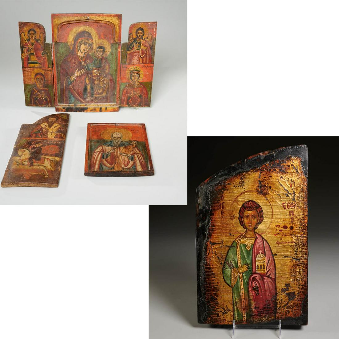 (4) polychrome wood icons, incl. Greek: (4) polychrome wood icons, incl. Greek, 19th/20th c. (some poss. earlier), incl. a Greek panel of Saint Stylianos, a triptych, a Greek door (part of a triptych), and a Greek icon of Saint Stephen, sig