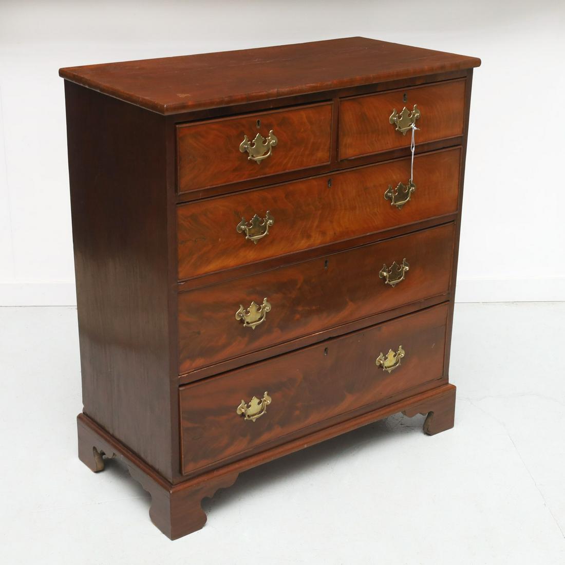 American Chippendale chest of drawers: American Chippendale chest of drawers, 19th c., mahogany with brass hardware, on bracket feet, 40.75"h x 36.5"w x 18"d