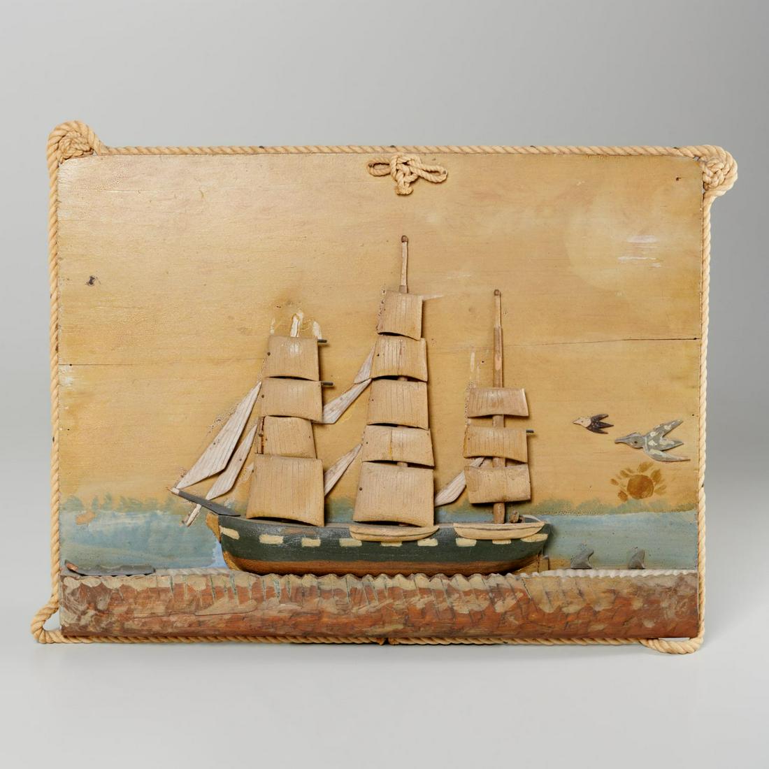 Folk Art whaling ship relief painting: Folk Art whaling ship relief painting, Late 19th/20th c., carved wood and paint on panel with rope border, no signature observed, 12.5"h x 16"w