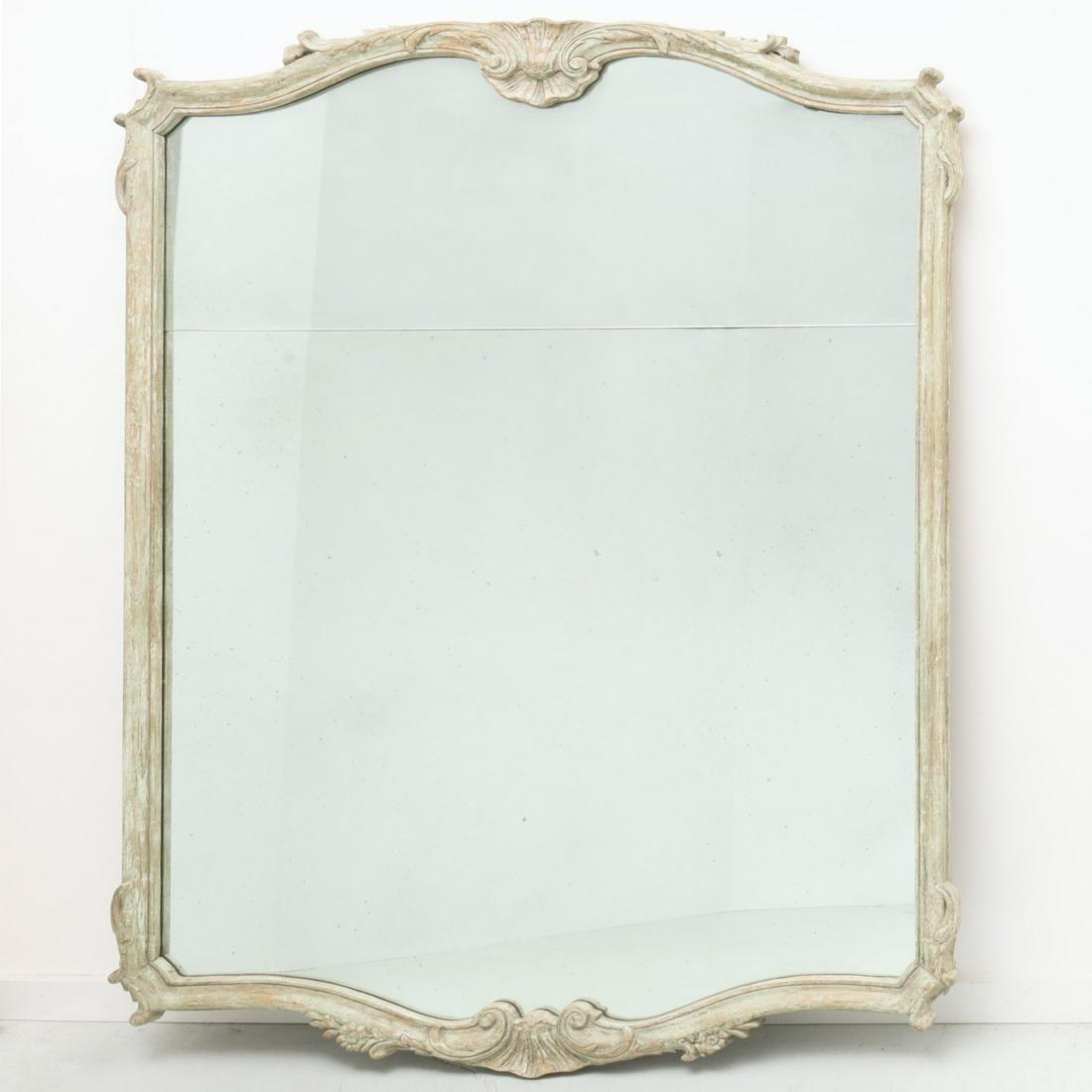 Minton-Spidell, oversized Louis XV style mirror: Minton-Spidell, oversized Louis XV style mirror, 20th c., weathered mint green painted wood frame, silver mirror glass, the frame with carved acanthus crest, maker paper tag, 80"h x 59"w