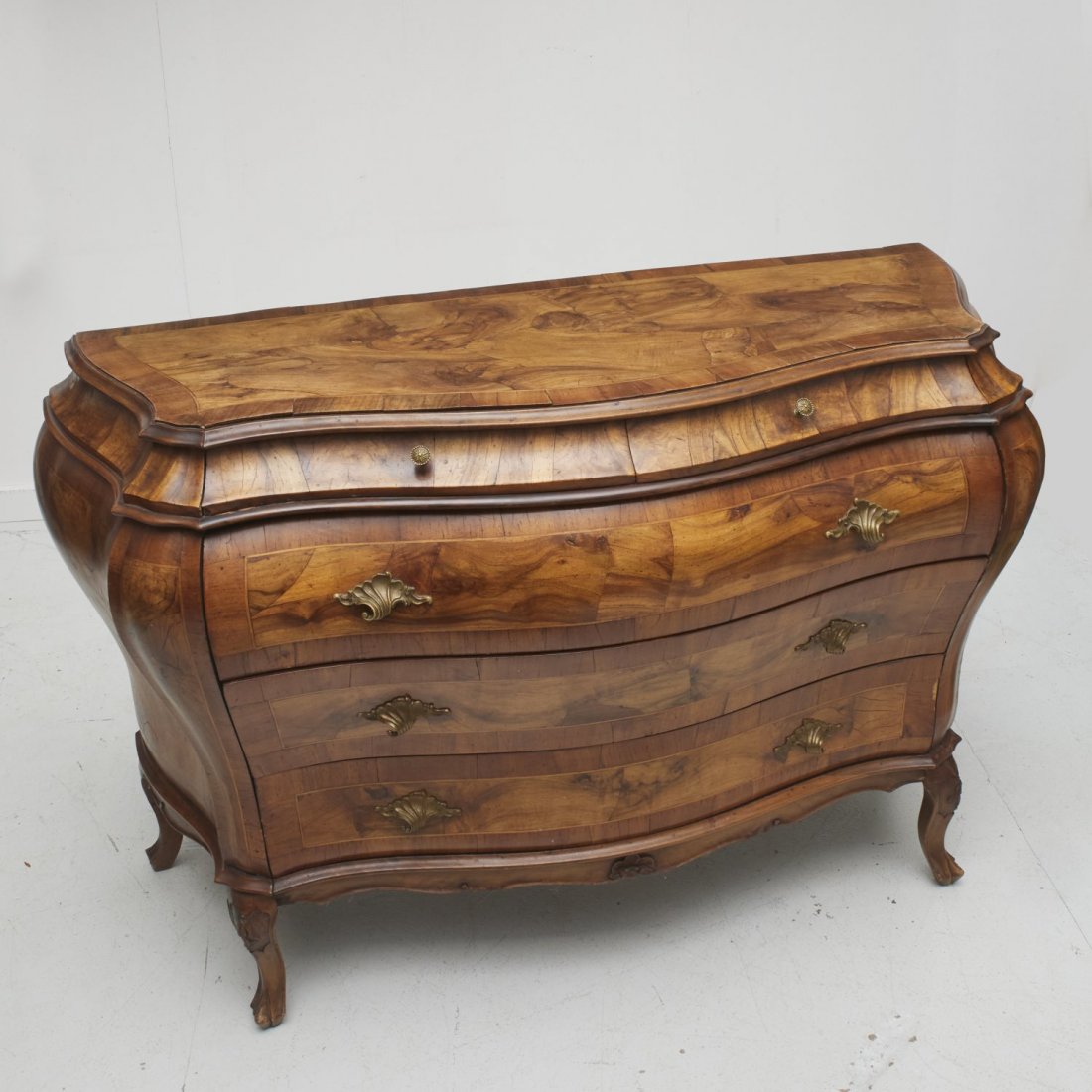 Venetian Rococo style olivewood bombe commode: Venetian Rococo style olivewood bombe commode, First half 20th c., Italy, 37"h x 58.75"w x 20"d