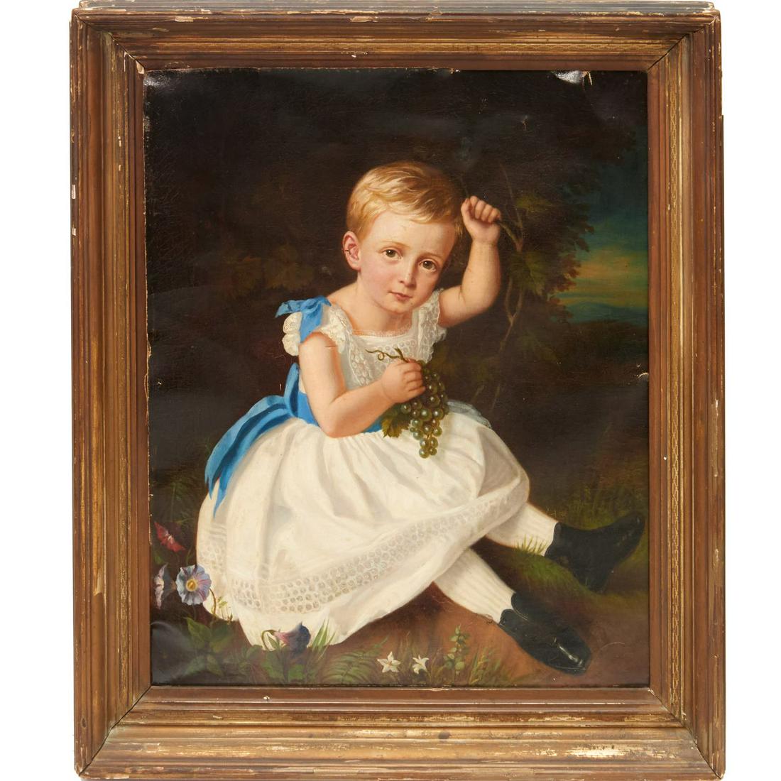 Anglo-British School, portrait of a child: Anglo-British School, portrait of a child, Anglo-British School (19th c.), Pastoral scene of child with grapes, oil on canvas, no signature observed, 26.5"h x 21.5"w (sight), 32.25"h x 27.25"w (frame)