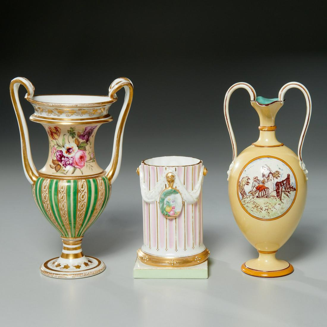 (3) antique English porcelain vases, incl. Spode: (3) antique English porcelain vases, incl. Spode, 19th c., incl. a Spode pedestal vase, with hand painted floral panel and gilding, a Wedgwood vase with fgural wheat harvest scene in central medallion