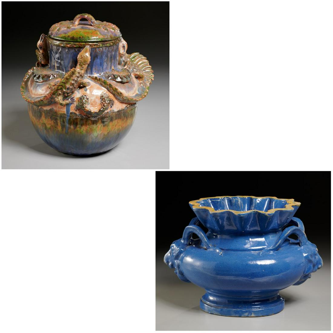 (2) Zoomorphic glazed earthenware vessels: (2) Zoomorphic glazed earthenware vessels, 20th c., incl. a blue glazed cachepot with horned faun-head handles, unsigned and a lidded jar decorated with modeled lizards, signed GIL to underside, 13"h 