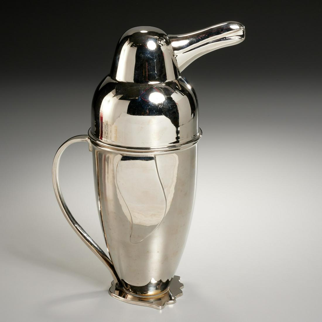 Napier style silver plated penguin martini pitcher: Napier style silver plated penguin martini pitcher, 20th c., manner of Emile Schuelke, unmarked, 11.5"h x 4.25"w x 5.75"d