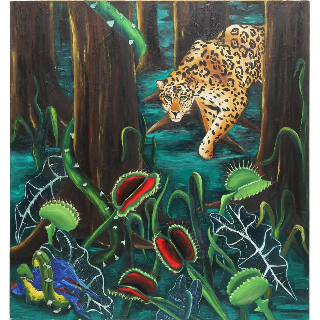 J. Clifford, oversize jungle painting: J. Clifford, oversize jungle painting, J. Clifford (American, 20th c.), Jaguar with Venus Fly Traps, 1986, acrylic on canvas, signed lower right and signed and dated verso, unframed, 68.25"h x 64"w