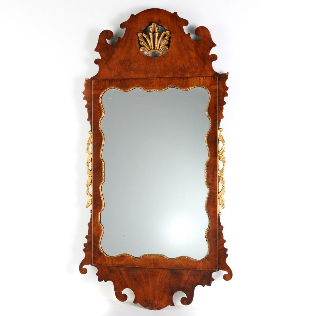 Chippendale parcel-gilt mahogany mirror: Chippendale parcel-gilt mahogany mirror, 18th c., English, "London 1741" incised on verso, 36.25"h x 19"w