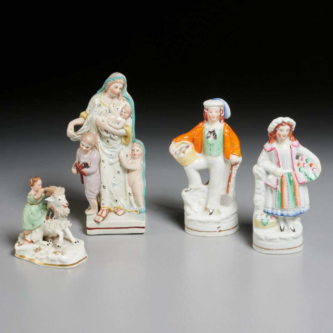Group antique Staffordshire porcelain figures: Group antique Staffordshire porcelain figures, 18th/19th c., incl. pearlware figure of Charity, girl riding goat, and a gardening couple pair of flat back figures, each unmarked, 7.5"h x 3.5"w (larges