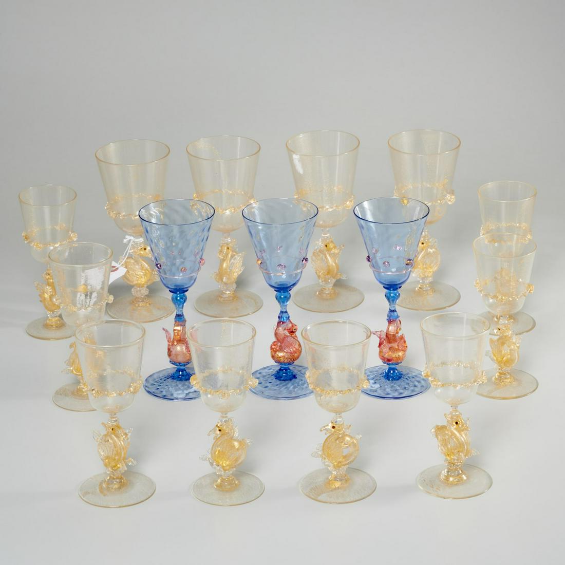 Murano Salviati style swan & pegasus stemware: Murano Salviati style swan & pegasus stemware, 19th/20th c., Italian, incl. gold flecked wine glasses with applied trim to and pegasus or seahorse stems (4 large and 8 small), and (3) blue small wine 