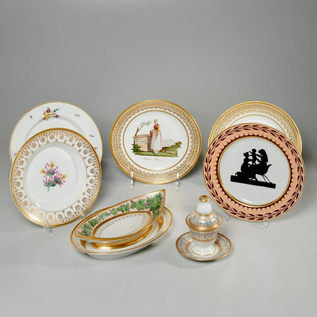 Continental gilt porcelain tableware, incl. KPM: Continental gilt porcelain tableware, incl. KPM, 19th/20th c. (some poss. earlier), (7) pieces, incl. a KPM oval serving dish with attached under plate in leaf vine design with pink banding, KPM flora
