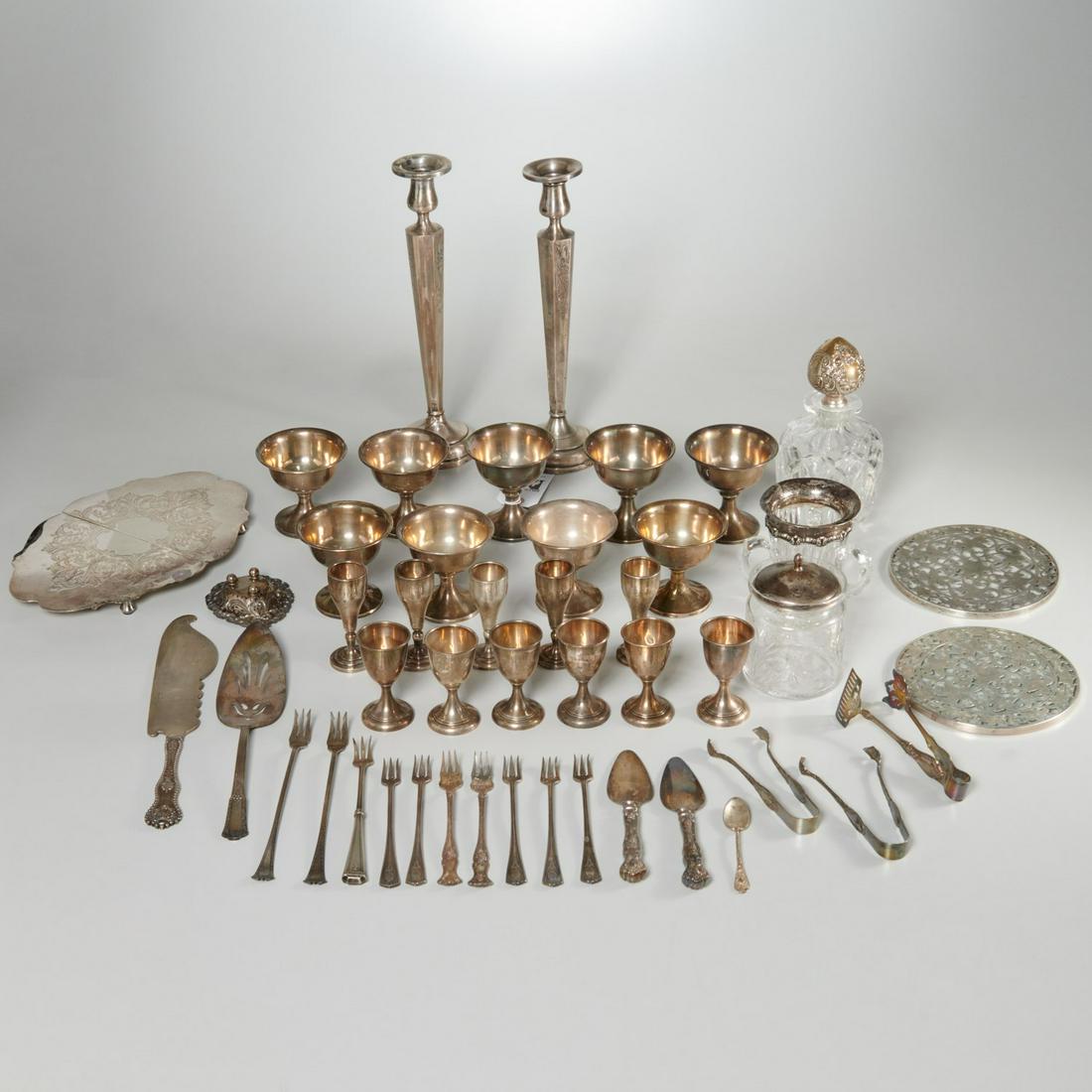 Collection silver & glass table articles: Collection silver & glass table articles, 19th/20th c., approx. (45) pieces, incl. a pair of weighted candlesticks, Gorham cut glass perfume decanter with sterling stopper lid, assorted sets sterling 