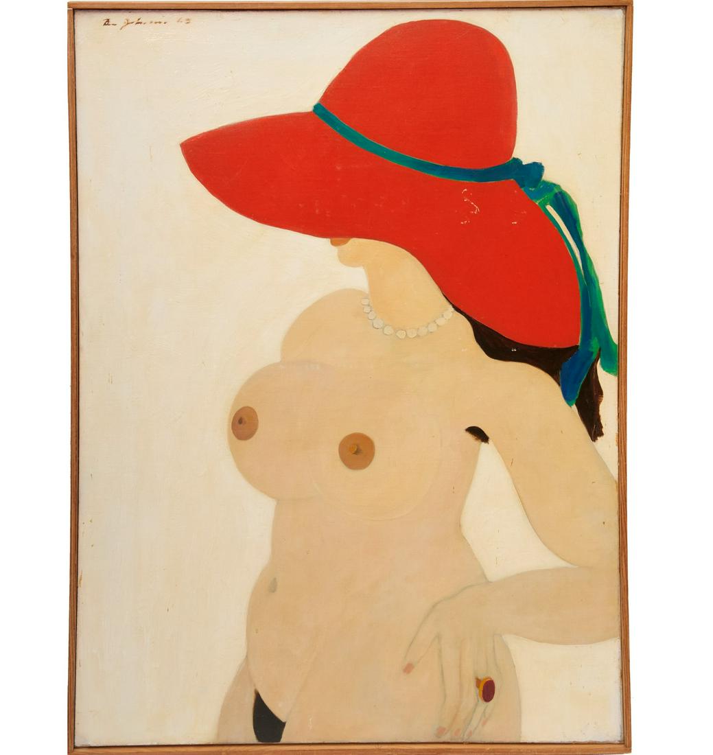 Ben Johnson (attrib.), painting: Ben Johnson (attrib.), painting, Attributed to Ben Johnson (American, 1902-1967), Female Nude, 1963, oil on canvas, signed and dated upper left, in slat frame, 41.5"h x 30.75"w (canvas), 42.5"h x 31.7