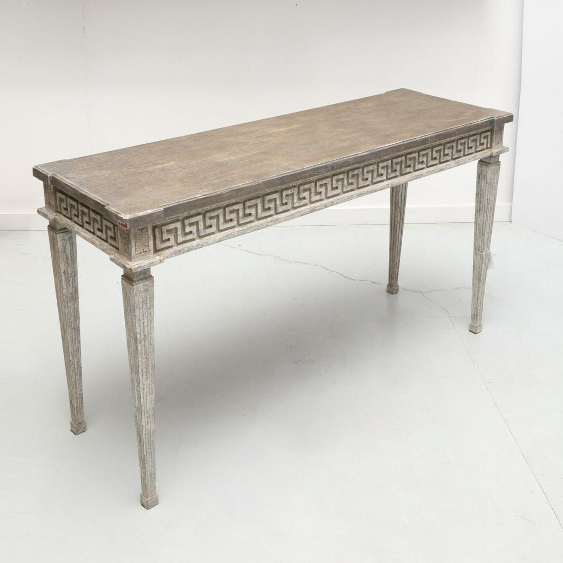 Niermann Weeks style faux painted console: Niermann Weeks style faux painted console, 20th/21st c., gray painted, with Greek key decoration along apron, on tapering fluted legs, unmarked, 34"h x 60"w x 20"d Provenance: Property removed from 83