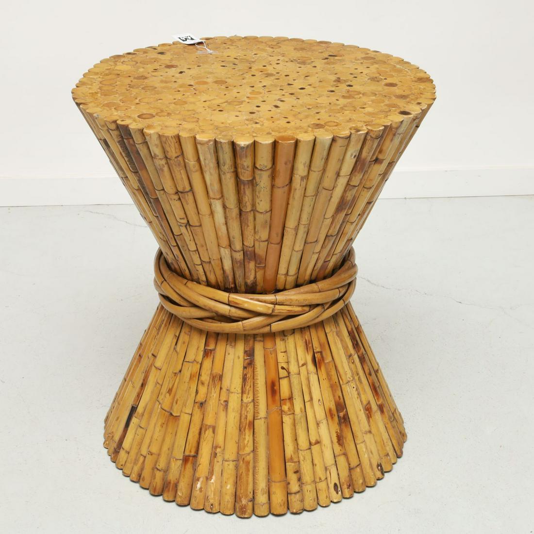 McGuire Furniture, bamboo sheaf of: McGuire Furniture, bamboo sheaf of, wheat table 20th c., American, bentwood stacked bamboo, works as a lamp table, or dining or center table by adding a glass or stone top, unmarked, 29"h x 26"dia