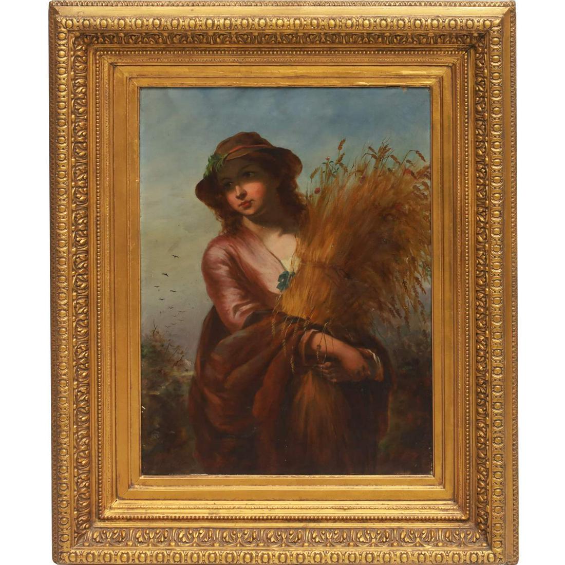 Hermann Bever, painting: Hermann Bever, painting, Herman Bever (German, 1846-1909), Young woman with hat and sheaf of wheat, oil on canvas, signed lower left, 23.75"h x 17.75"w (sight), 34.25"h x 28.25"w (frame)