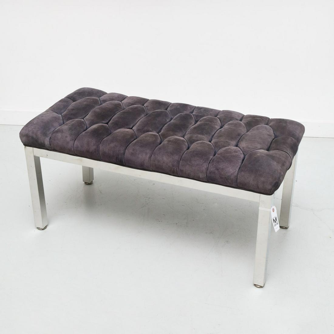 Milo Baughman style upholstered bench: Milo Baughman style upholstered bench, c. 1970s/80s, tufted deep blue fabric seat, on squared chromed steel frame, unmarked, 18"h x 38"l x 19"w