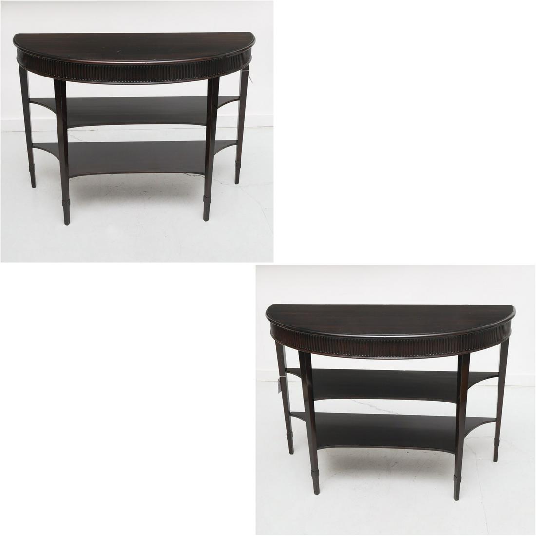 Pair Neoclassic demilune console tables: Pair Neoclassic demilune console tables, 20th c., three-tiered consoles with lacquered finish, fluted aprons with single drawer, on tapering legs, unmarked, 34.5"h x 46.5"w x 17.5"d