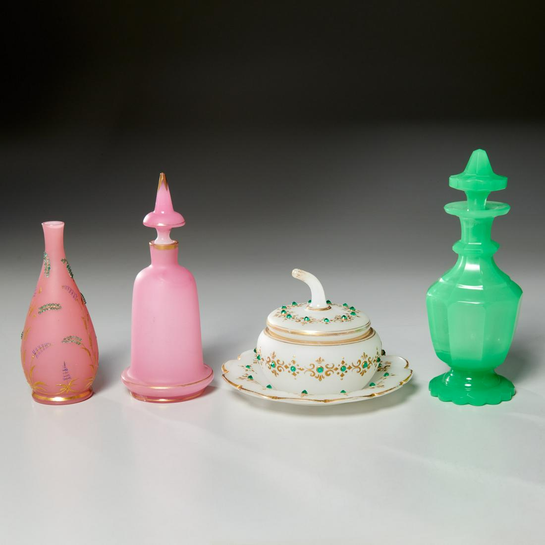Group Bohemian, opaline, satin, & jeweled glass: Group Bohemian, opaline, satin, & jeweled glass, 19th/20th c., incl. a mint green opaline glass perfume, jeweled covered dresser jar with under plate, gilt pink satin glass perfume, a jeweled pink sat