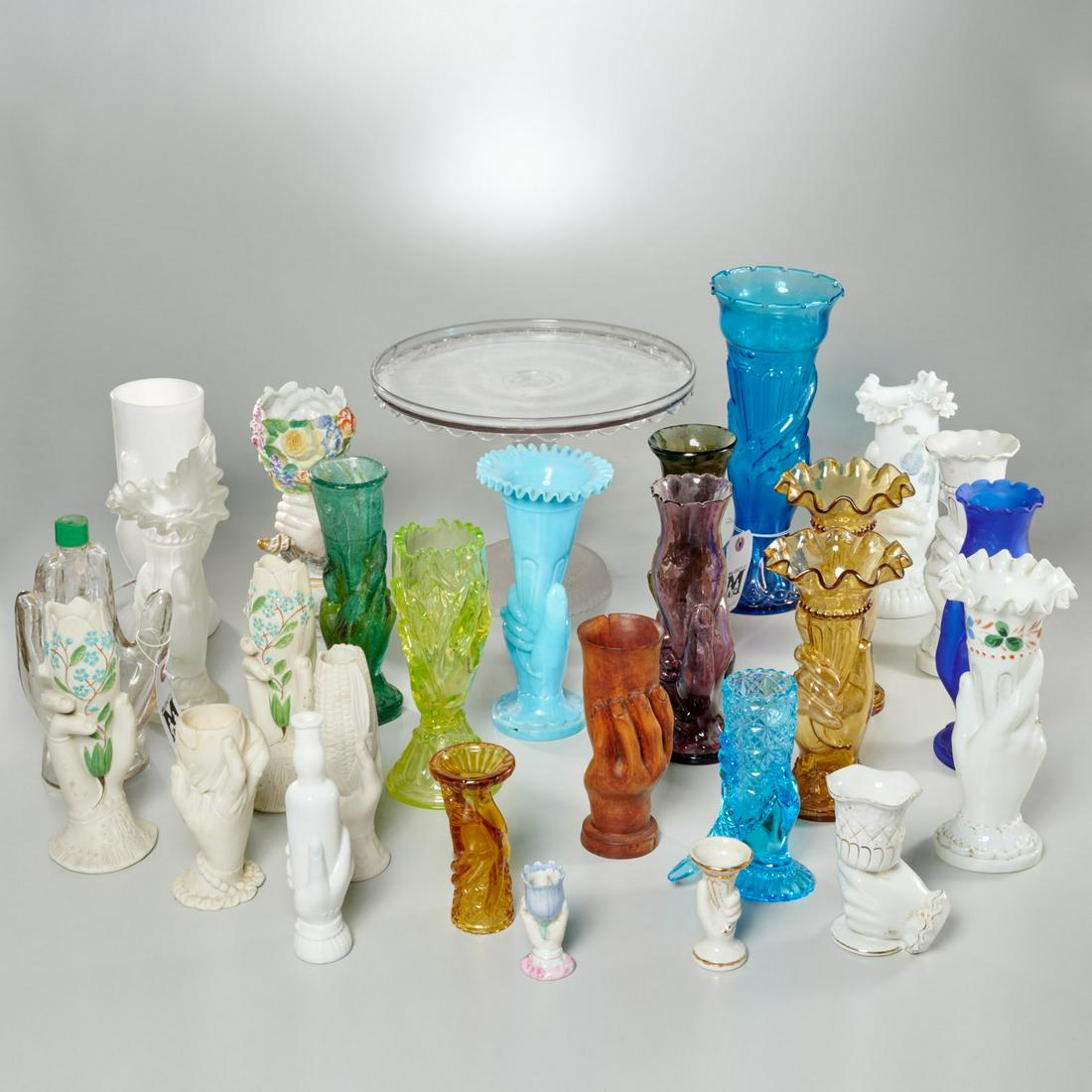 Collection Victorian hand vases and tablewares: Collection Victorian hand vases and tablewares, 19th c. and later, (25+) pieces, incl. glass vases, bottles, and a cake pedestal, in glass, porcelain, and carved wood, 9"h x 12"dia. (cake pedestal), 1