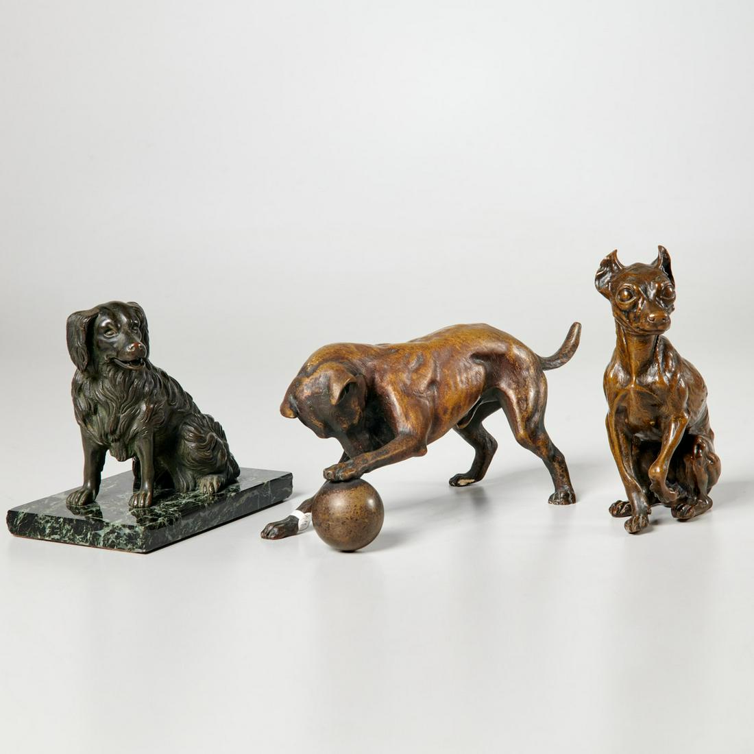 (3) Bronze models of dogs: (3) Bronze models of dogs, 19th/20th c., after P.J. Mene and others, incl. a dog playing with ball, seated dog, and dog mounted o marble base, each with no visible signature, 4.25"h x 9.5"l x 3"d (lar